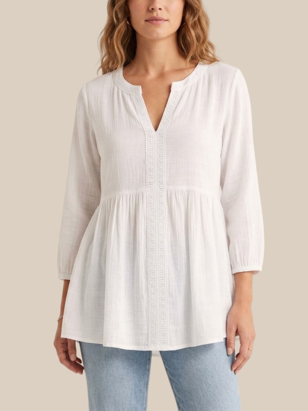 Counterparts White Tunic Top V-Neck Lace Trim Gauze Peasant Blouse SZ S NWT